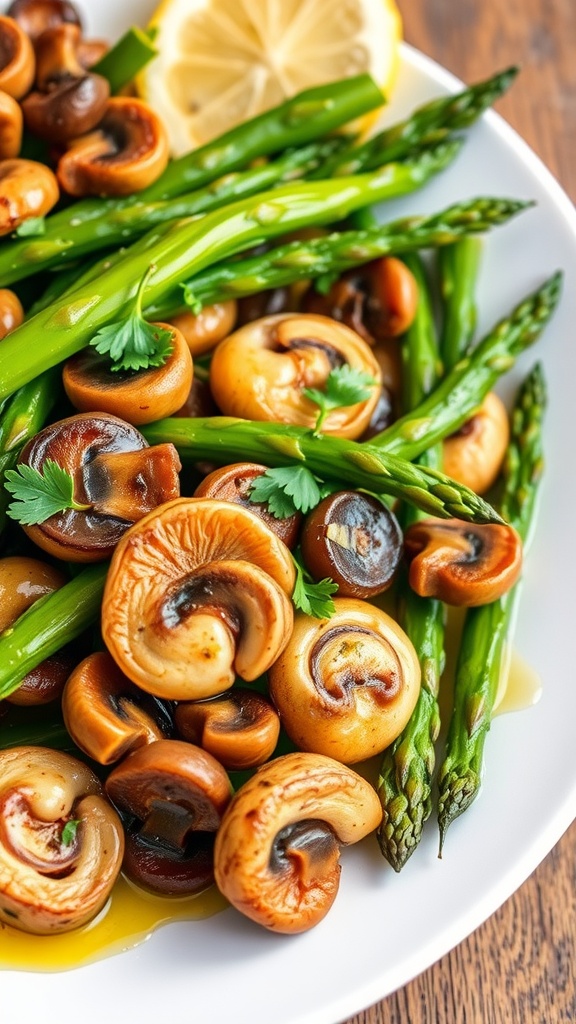 Sautéed asparagus and mushrooms on a white plate, garnished with parsley and lemon.